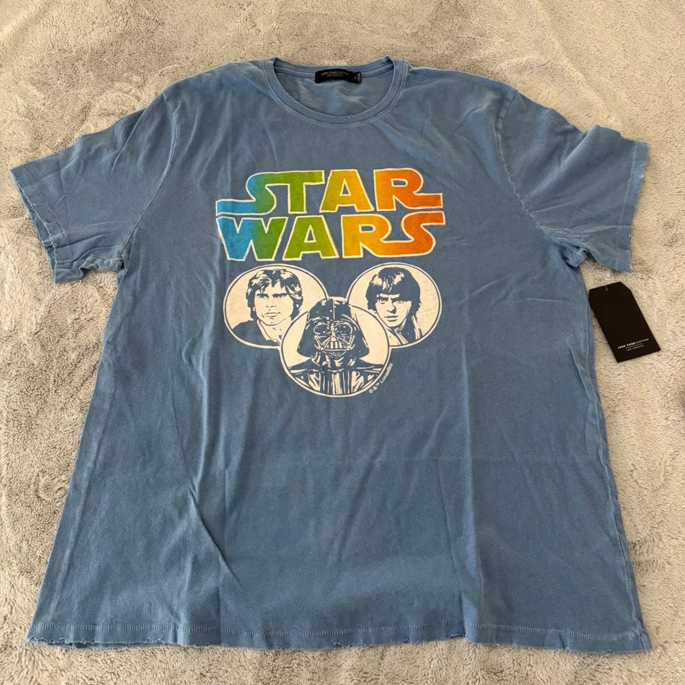 NWT Junk Food Star Wars Graphic Tee Mens XL Blue Distressed Han Solo Darth Vader